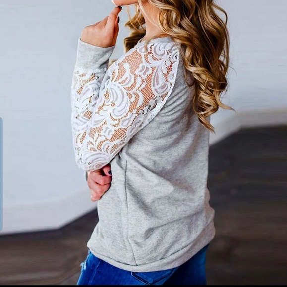 LAST ONE! Long lace sleeve crew neck pullover top - Picture 2 of 4